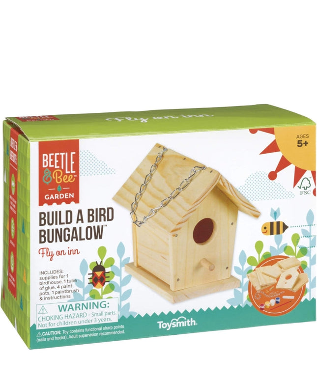 Toysmith Beetle & Bee Build A Bird Bungalow - DIY Kid Art Craft Outdoor Birdhouse Kit, 6" x 4" 6", Hardware glue included- 4 Paints, 1 Brush, 7 Wooden Pcs, Chain for Tree Hanging, Age 5+