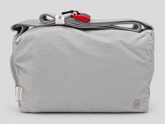 Light grey Bagco lightweight nylon bag with shoulder strap, front view