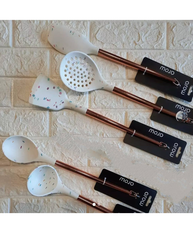 Arow Servappetit Ceramic Rose 5PC Utensil Set w/Crock, Copper & Nylon, White & Rose Color