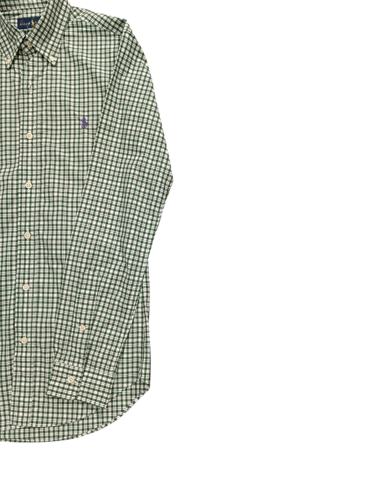 Green gingham shirt, side sleeve view