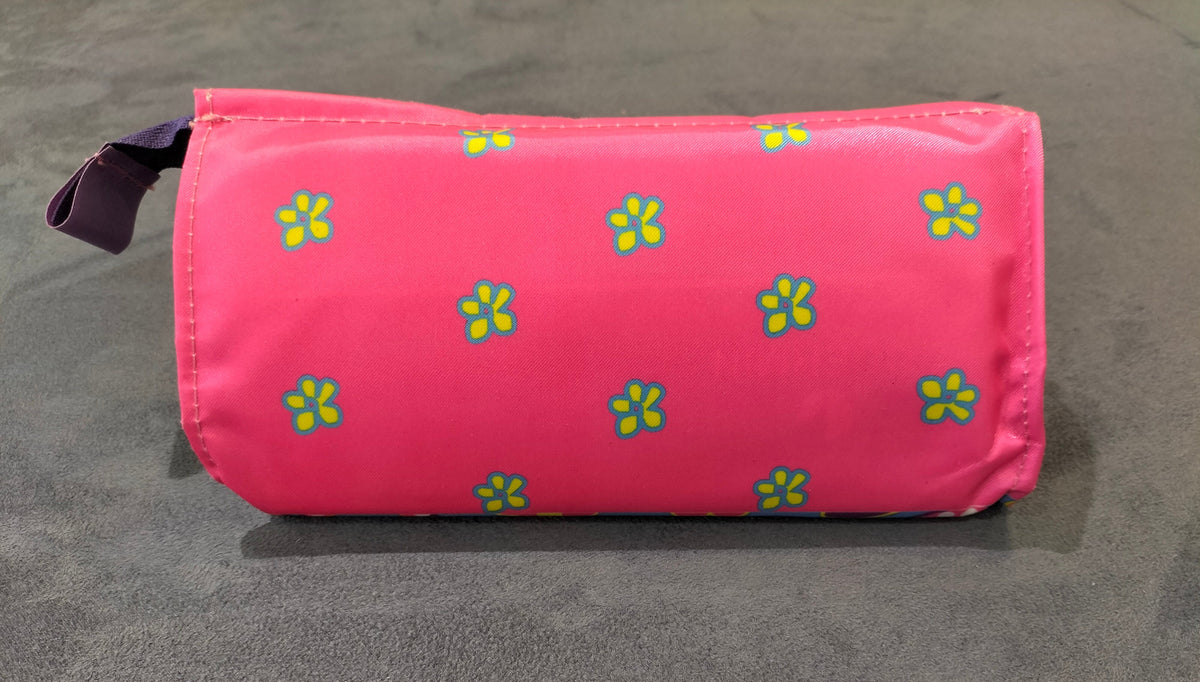 Zippered Pink And Light Blue Cosmetic Pouch With "Sixties" Text And Floral Patterns