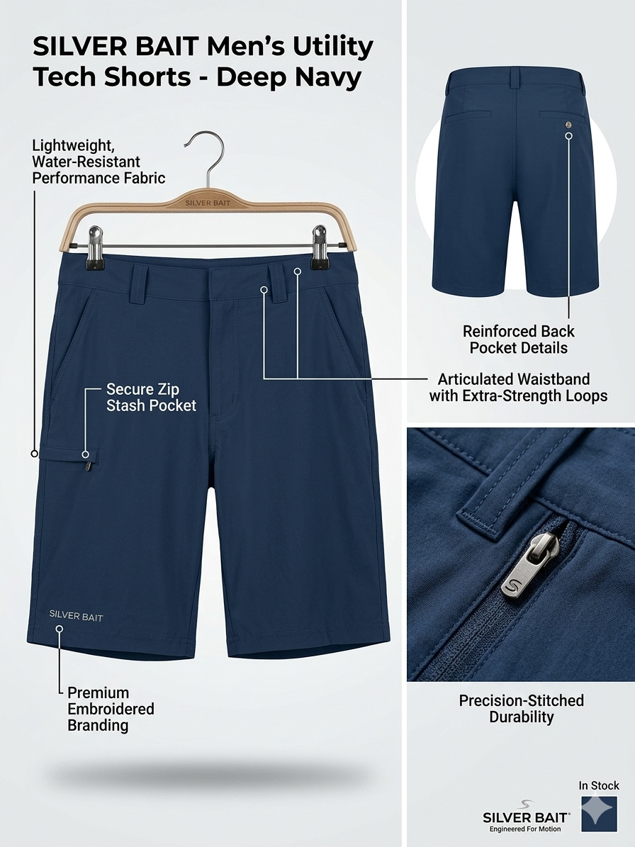 Silver Bait navy utility tech shorts with feature callouts
