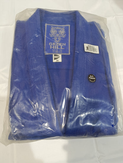 Green Hill blue judo gi jacket in plastic packaging