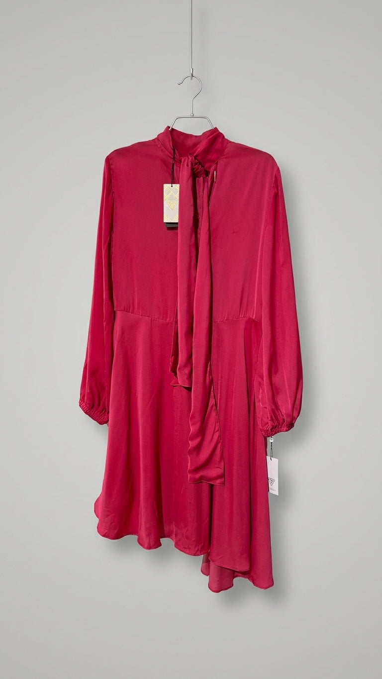 Guess pink tie-neck dress on a hanger with tags
