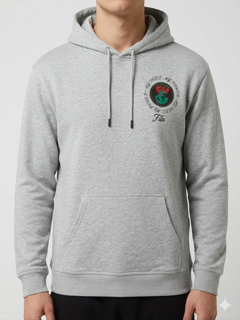 Man wearing Fila heather grey graphic hoodie