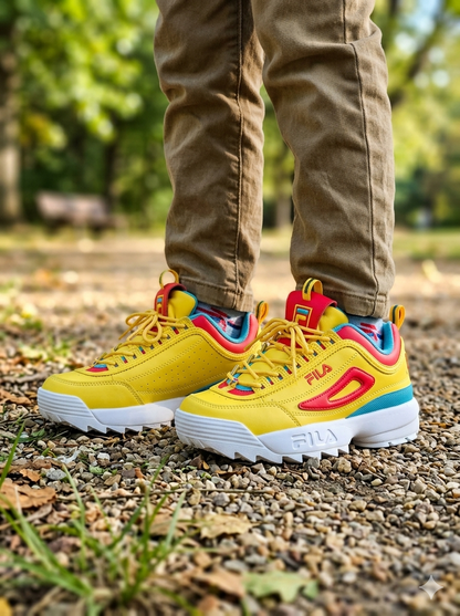 Fila Disruptor Ii Premium (Niños Grandes) Limón/Rosa Diva/Pescado Azul 5 Kids Shoes