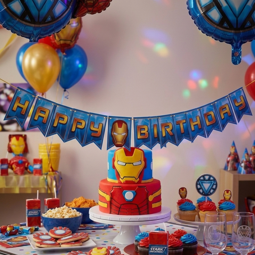 Iron Man happy birthday banner at a party with cake
