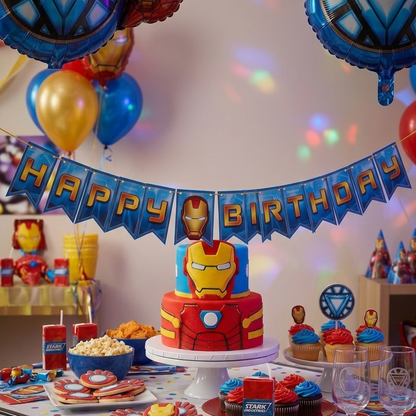 Iron Man happy birthday banner at a party with cake