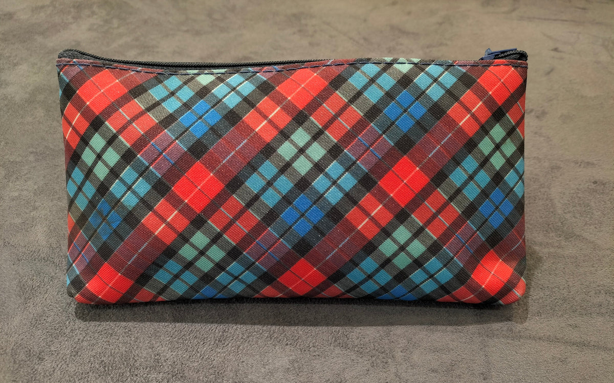 Zippered Utility Pouch With Red And Blue Criss-Cross Pattern