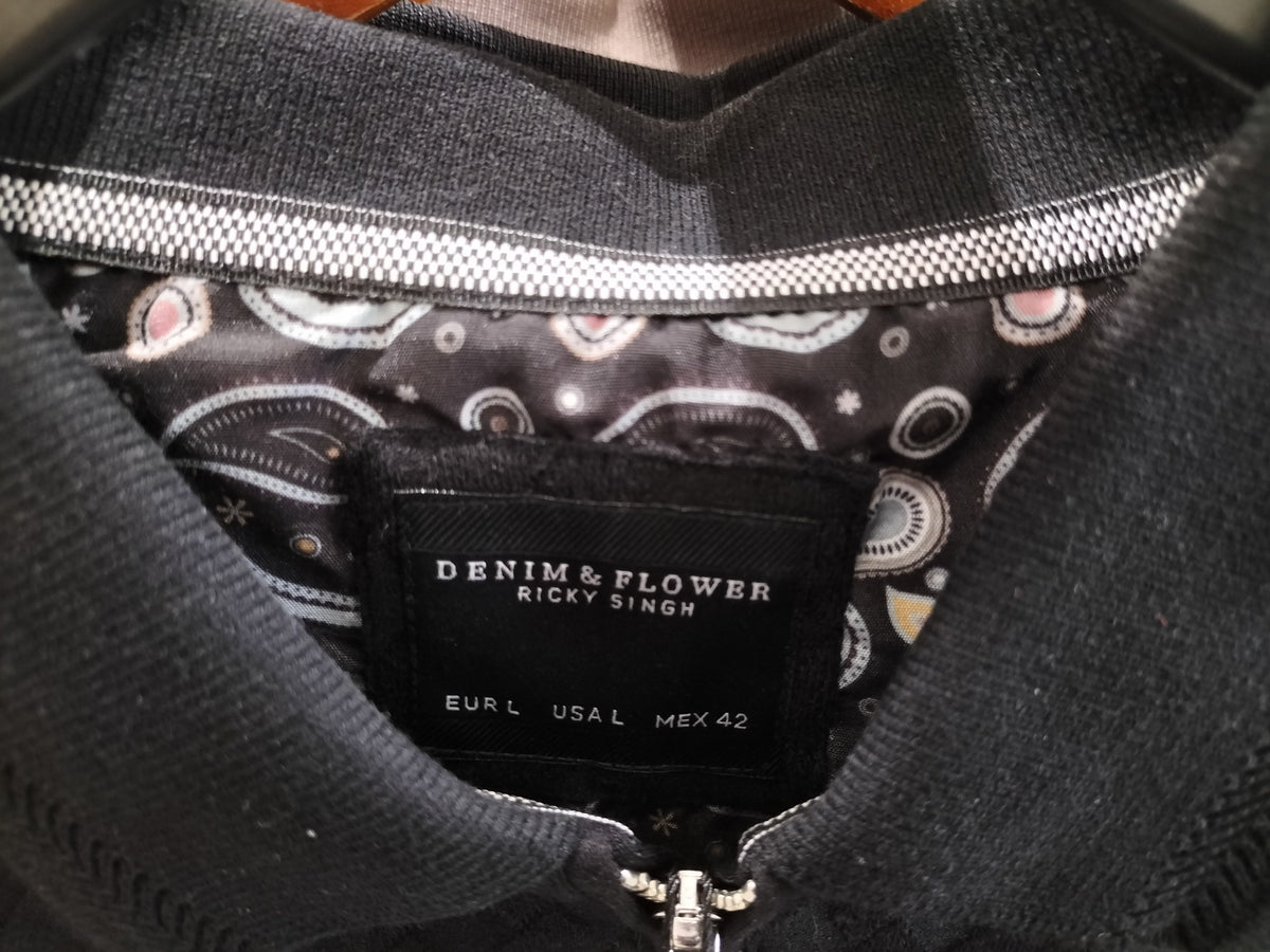 Denim & Flower Ricky Singh Black Polo T-Shirt With Diagonal Rectangle Textures