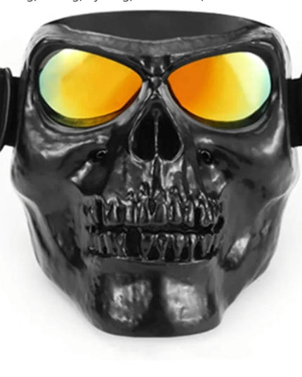 Motorbike Motorcycle Off-Road Riding Goggles Glasses with Skull Face Mask Open Face Helmet (Black Skull with Silver Lens)
