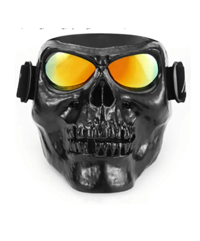 Motorbike Motorcycle Off-Road Riding Goggles Glasses with Skull Face Mask Open Face Helmet (Black Skull with Silver Lens)
