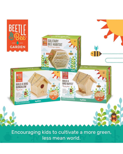 Toysmith Beetle & Bee Build A Bird Bungalow - DIY Kid Art Craft Outdoor Birdhouse Kit, 6" x 4" 6", Hardware glue included- 4 Paints, 1 Brush, 7 Wooden Pcs, Chain for Tree Hanging, Age 5+