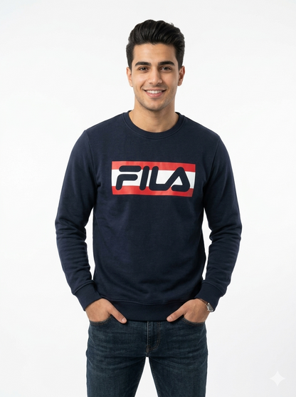 Man wearing Fila navy logo sweatshirt, front