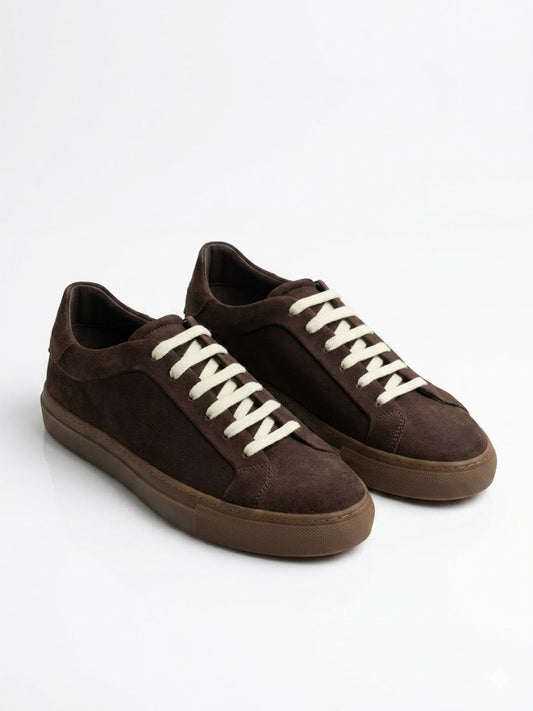 Massimo Dutti Suede Minimalist Sneakers - 'Brown' Cream-Colored Lace