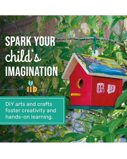 Toysmith Beetle & Bee Build A Bird Bungalow - DIY Kid Art Craft Outdoor Birdhouse Kit, 6" x 4" 6", Hardware glue included- 4 Paints, 1 Brush, 7 Wooden Pcs, Chain for Tree Hanging, Age 5+