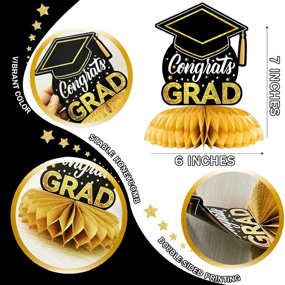 9Pcs 2024 Graduation Party Decorations - Black And Gold Honeycomb Table Centerpieces