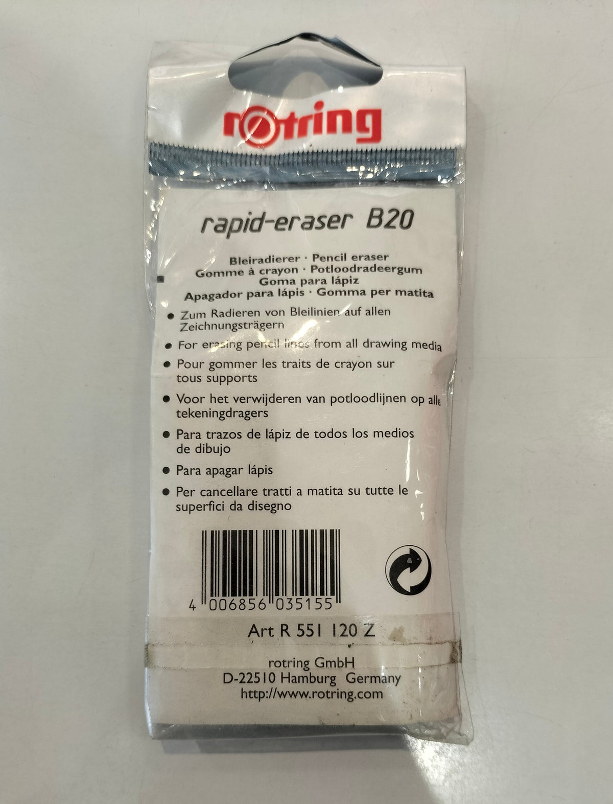 Rotring Rapid-Eraser B20 pack, back of packaging with product information