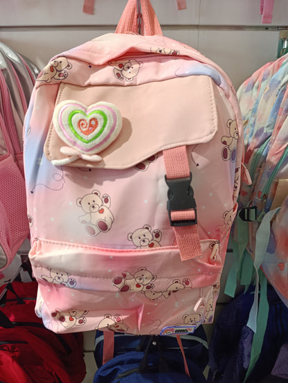 Teddy Bear Printed Backpack – Pastel Pink With Heart Charm