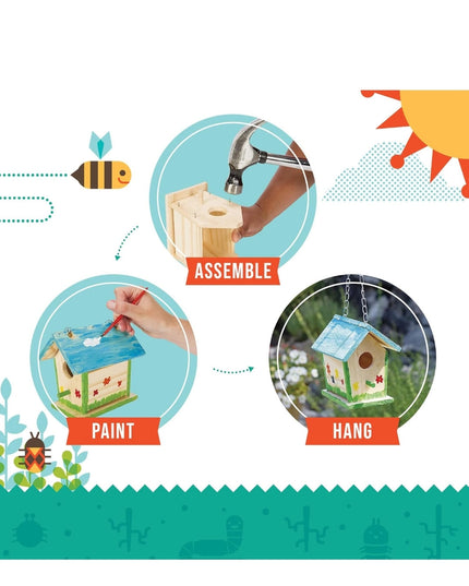 Toysmith Beetle & Bee Build A Bird Bungalow - DIY Kid Art Craft Outdoor Birdhouse Kit, 6" x 4" 6", Hardware glue included- 4 Paints, 1 Brush, 7 Wooden Pcs, Chain for Tree Hanging, Age 5+