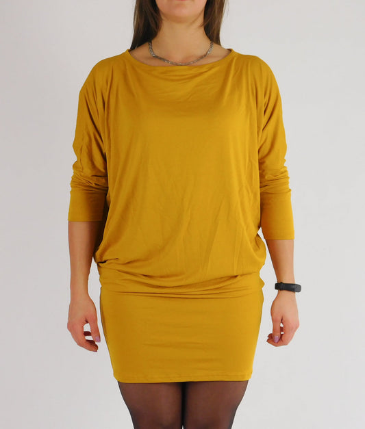 Forever21+ plus long-sleeve draped-neck mini  women dress with a gathered waist masterd color