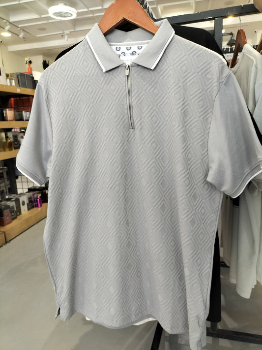 Denim & Flower Ricky Singh Light Gray Polo T-Shirt With Diamond Textures