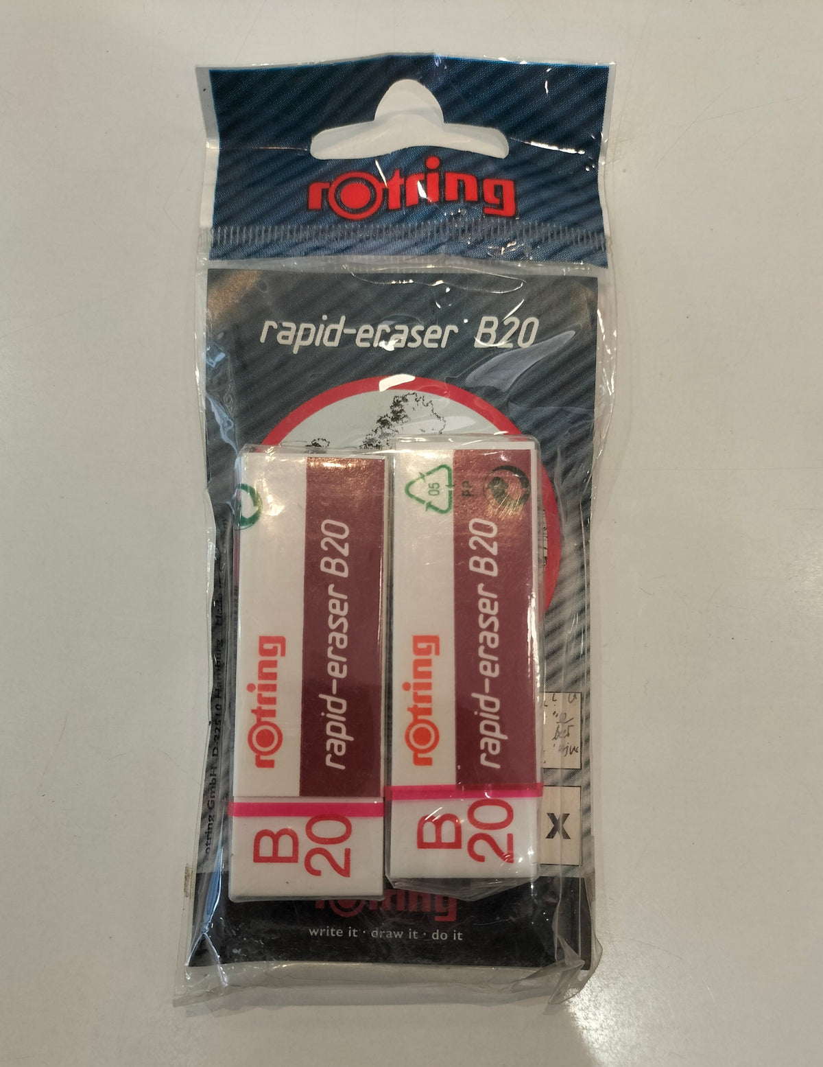 Rotring Rapid-Eraser B20 erasers in retail pack, front view