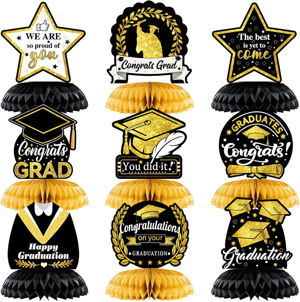 9Pcs 2024 Graduation Party Decorations - Black And Gold Honeycomb Table Centerpieces