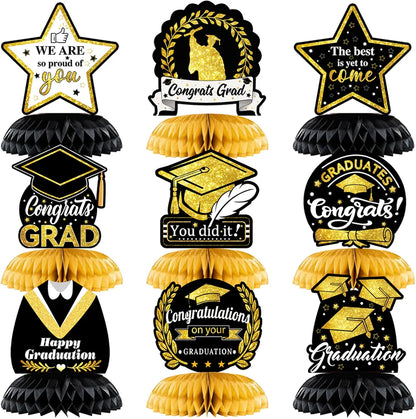 9Pcs 2024 Graduation Party Decorations - Black And Gold Honeycomb Table Centerpieces