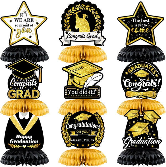 9Pcs 2024 Graduation Party Decorations - Black And Gold Honeycomb Table Centerpieces