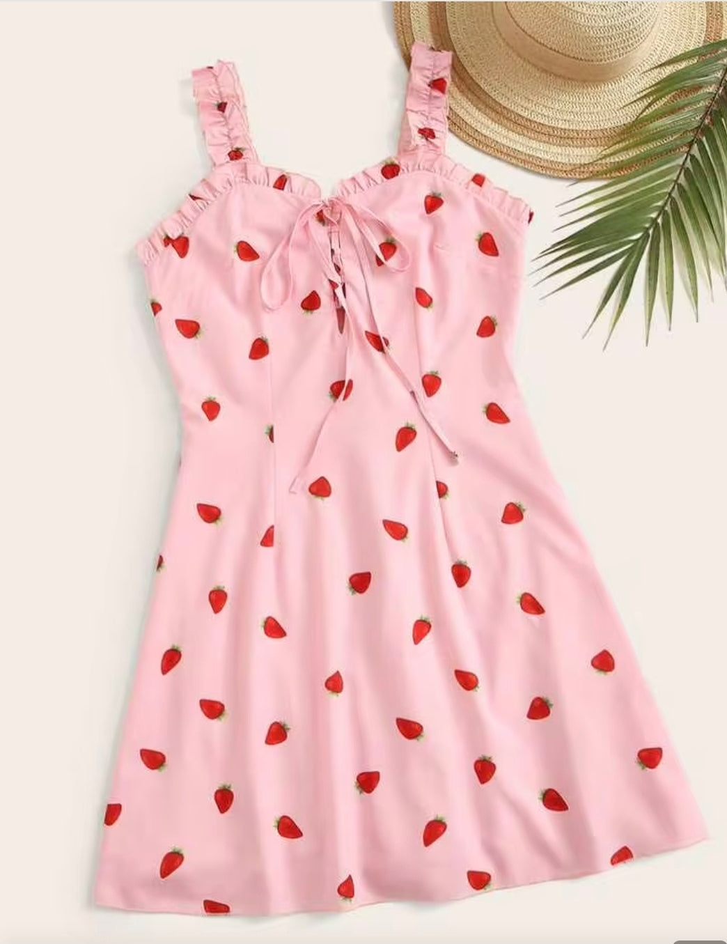 Shein Women dress Strawberry Print Lace Up Front Frill Trim Dress