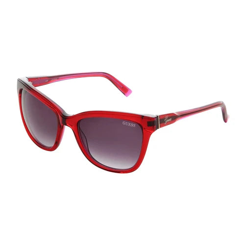 Guess red cat-eye sunglasses with grey gradient lenses, angled front view