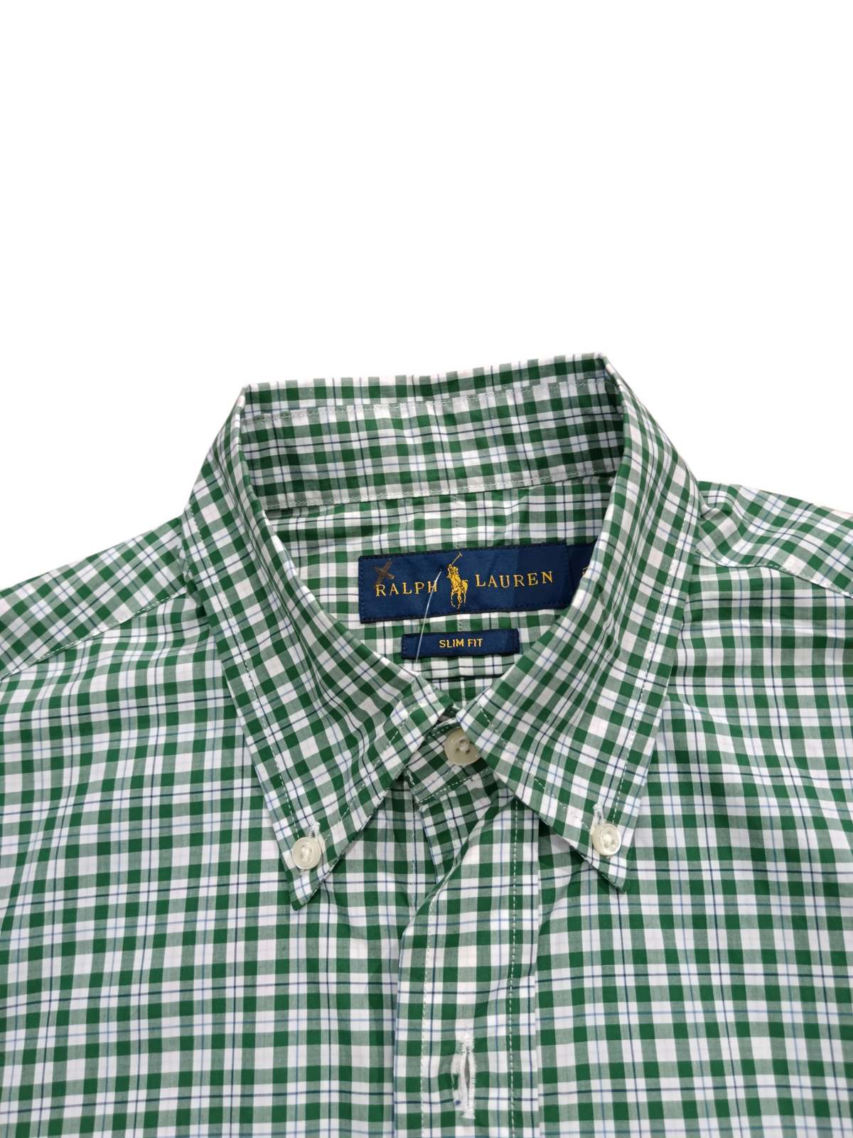 Close-up of Ralph Lauren gingham shirt collar and label