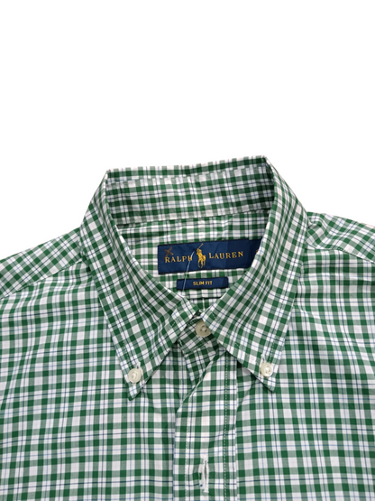 Close-up of Ralph Lauren gingham shirt collar and label