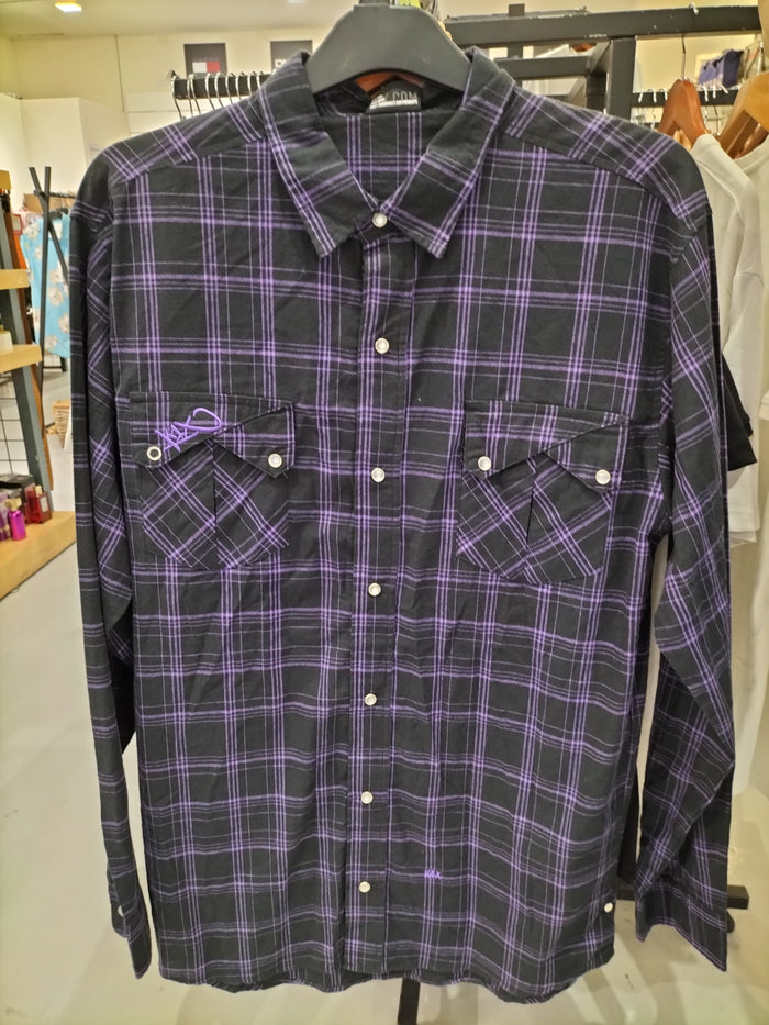 Clearance of Chizzle Shirt – Flannel with Black and Purple Checker