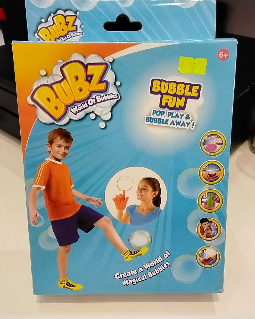 Bubz World of Bubble foot bubble toy in retail box with kids playing