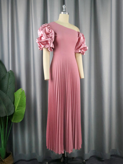 AOMEI Pink Pleated Dresses Short Puff Sleeve A Line Floor-Length Outfits
