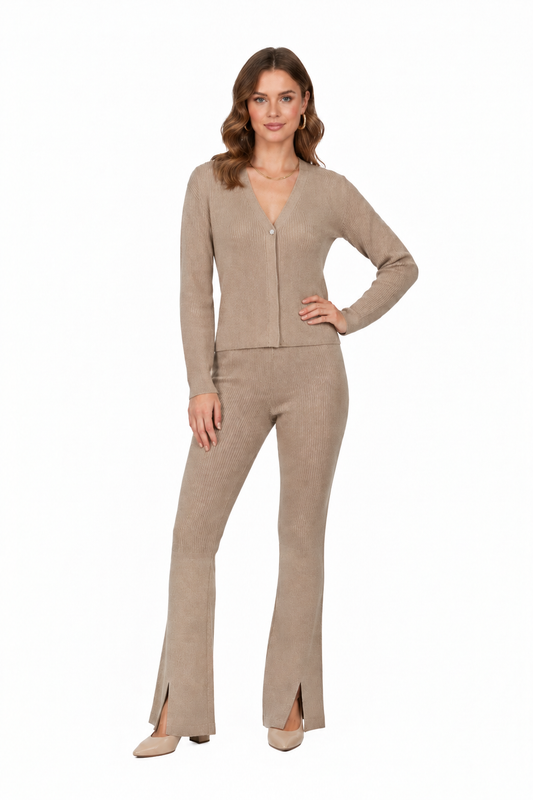 Woman in beige Diyana Secret ribbed cardigan and flared trousers set, full-length view