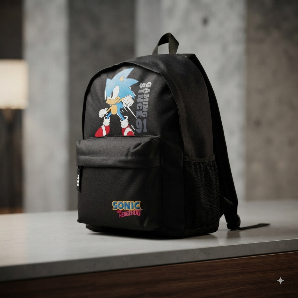 Sonic The Hedgehog Print Black School Backpack - 18"