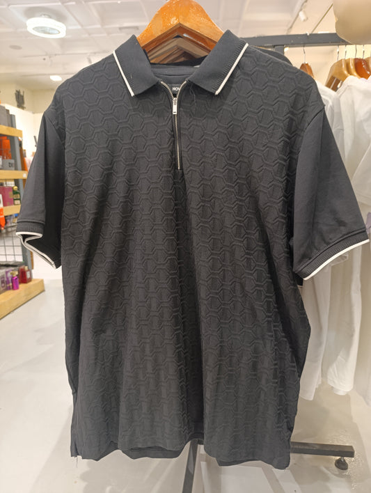 Novamen Black Polo Shirt With Hexagon Patterns