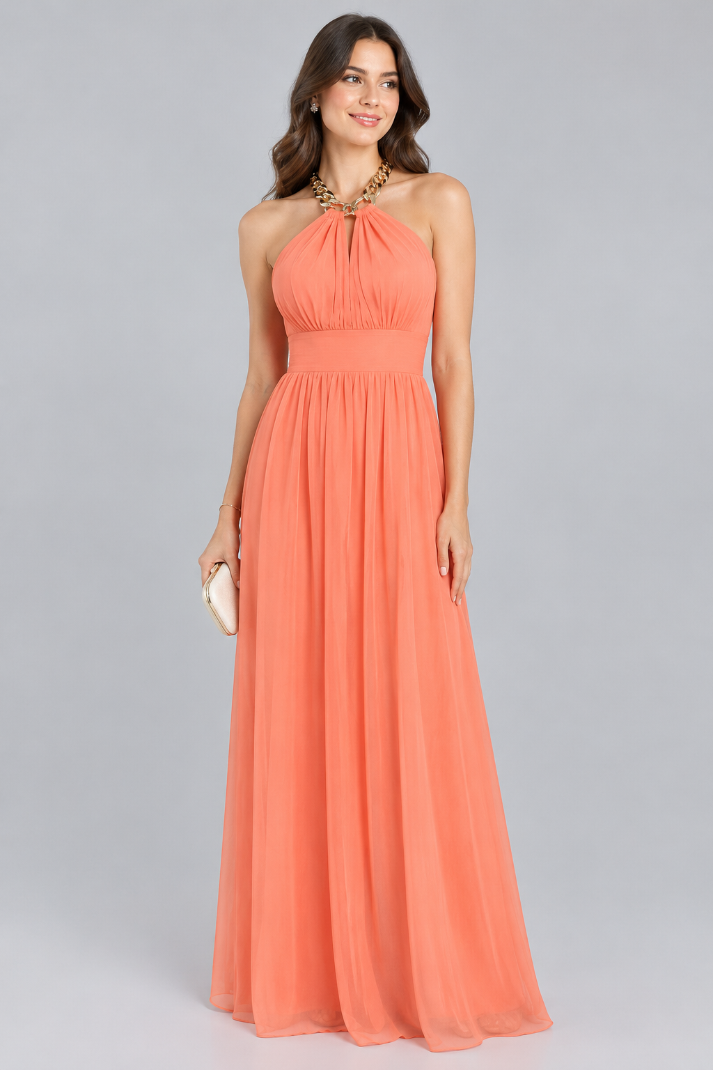 Americano Guess women's coral halter neck maxi dress with pleated skirt, front view on model
