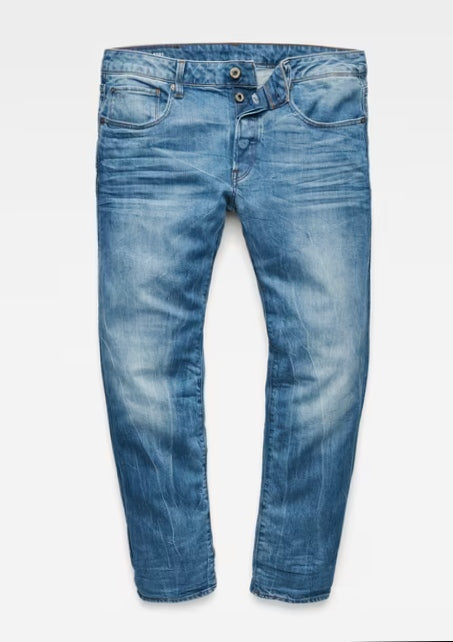 Front view of blue G-STAR RAW 3301 straight jeans featuring a faded design on a white background.