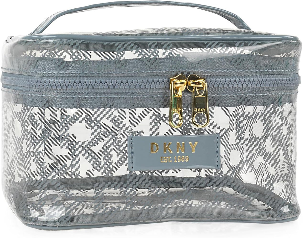 DKNY Lucid Dream clear grey lace print traincase cosmetic bag with gold zip