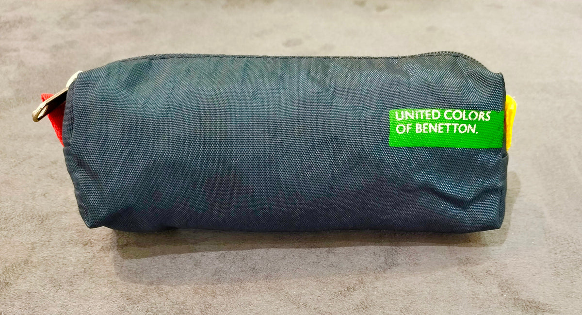 Benetton navy pencil case, back view with green logo patch