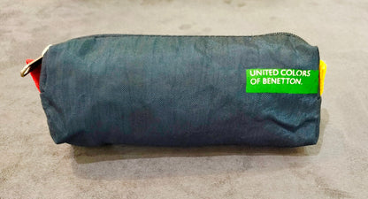 Benetton navy pencil case, back view with green logo patch