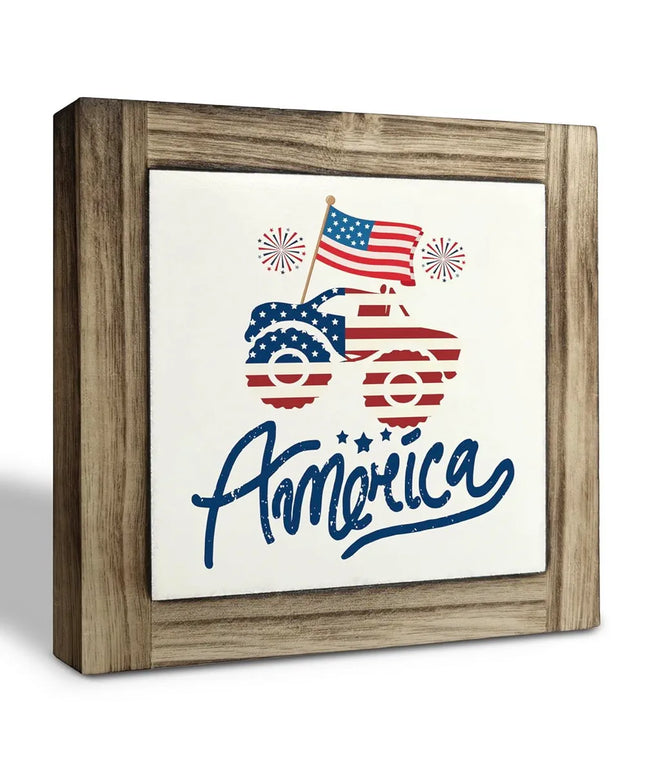 XJCUG Patriotic Wood Plaque Sign, Box Wood Plaques Desk Décor, America Sign, Patriotic Welcom, Independence Day Celebration Decor, Patriotic Table Shelf Decor, Home Decor Sign, National Day Gift