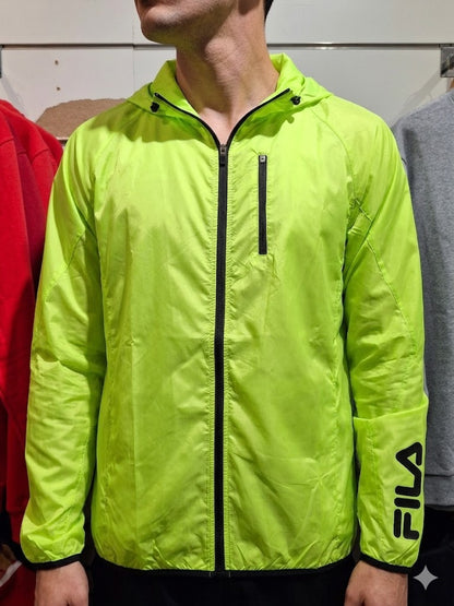 Man wearing Fila neon lime zip windbreaker