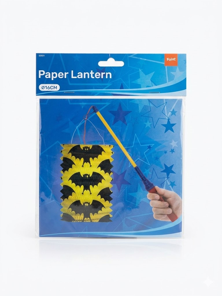 Paper lantern with bat print in retail packaging