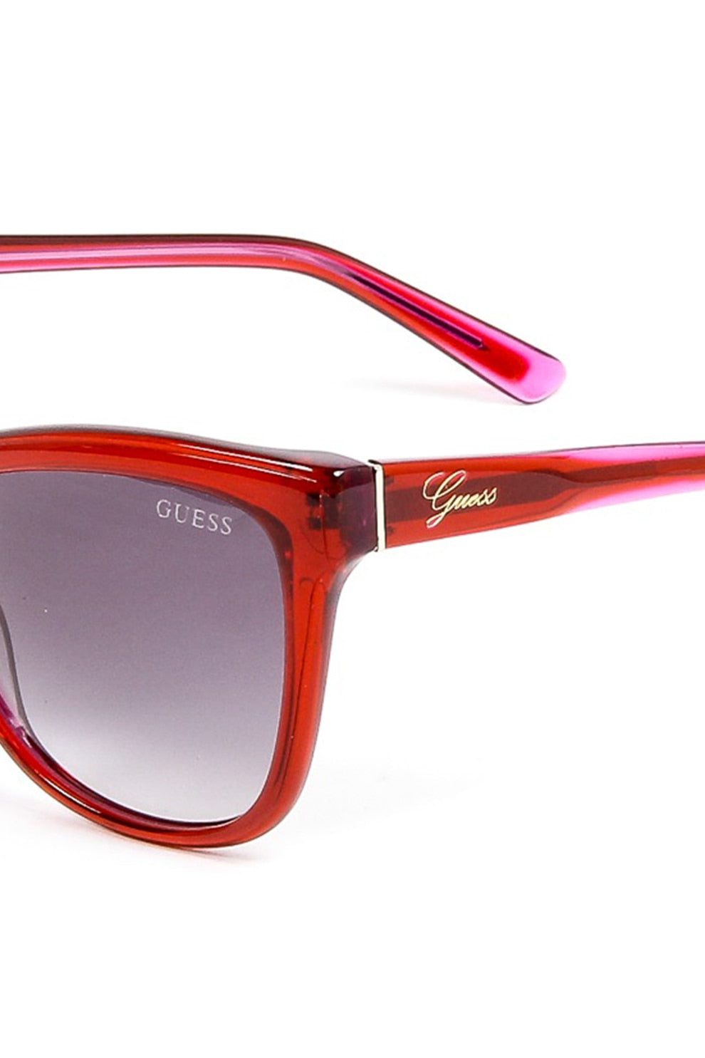 Close-up of Guess red cat-eye sunglasses temple with logo