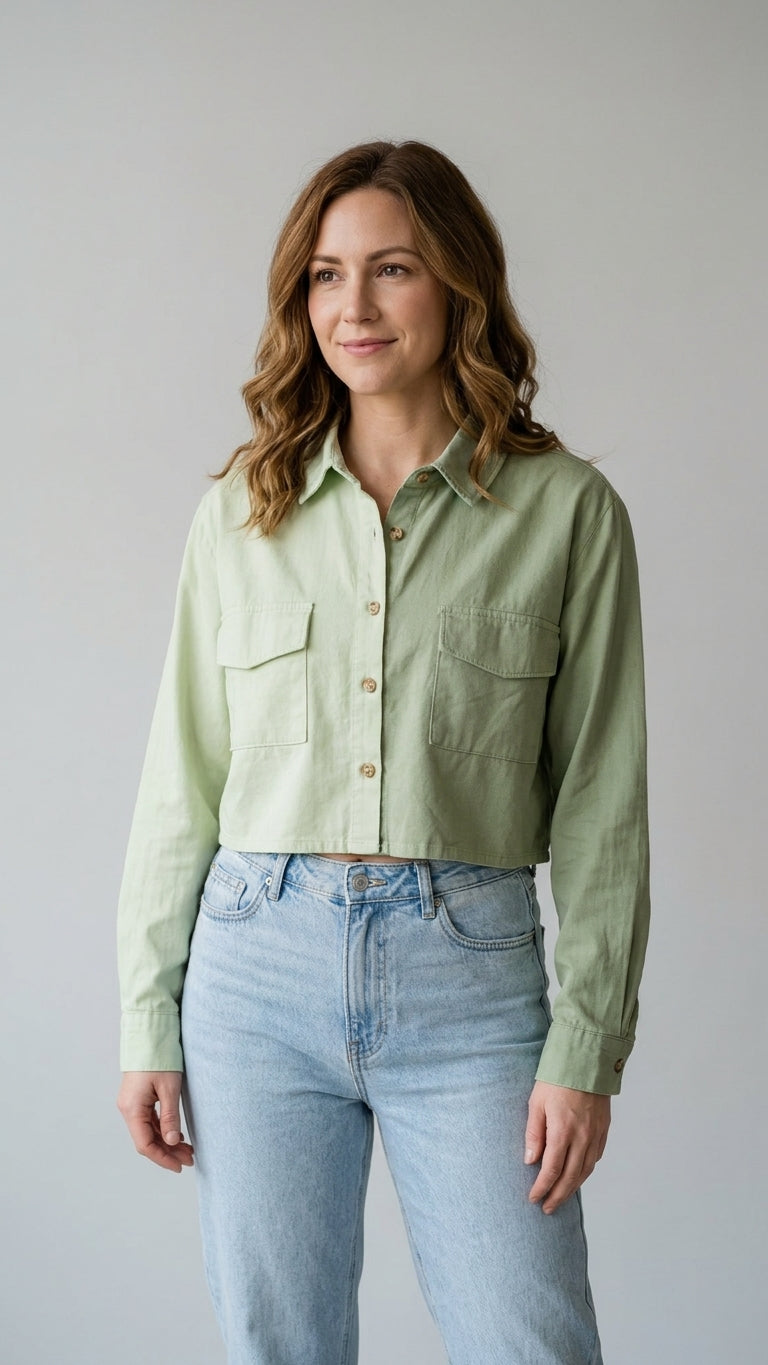 Forever 21 two-tone green cropped button-up shirt worn with jeans, front view on model